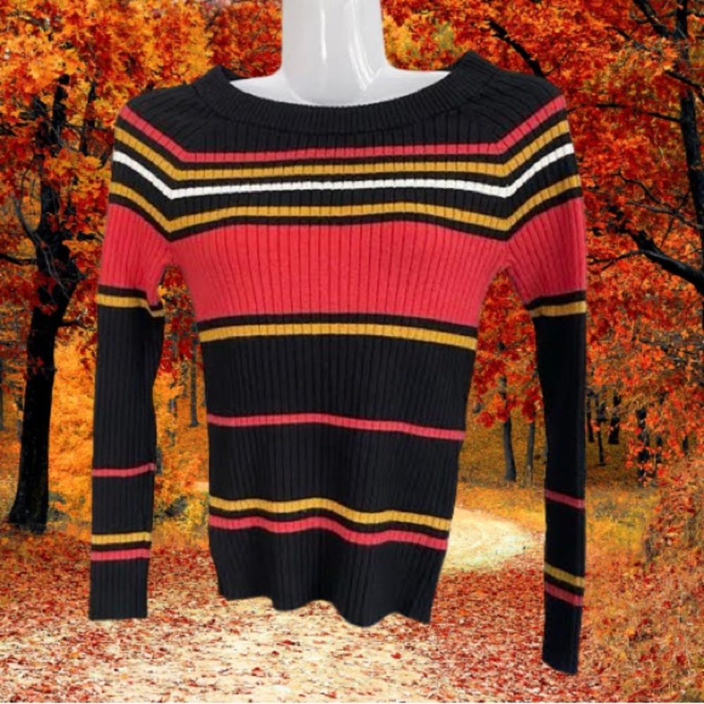 Crew/Boat Neck Striped Ribbed Sweater - Picture 9 of 16